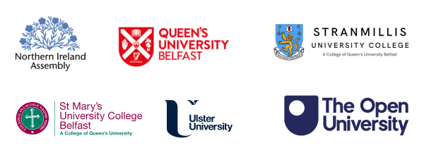 The logos of the Northern Ireland Assembly, Queen's University Belfast, Stranmillis College, St Mary's College, Ulster University and teh Open University. These institutions are the contributing members of the Knowledge Exchange Seminar Series.